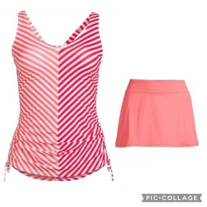 EUC Lands End Set - V Neck Underwire Tankini Top and Skirt Swim Bottoms - 12